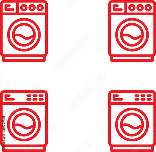 Set of red outline washing machine icons for laundry services and home appliance UI design