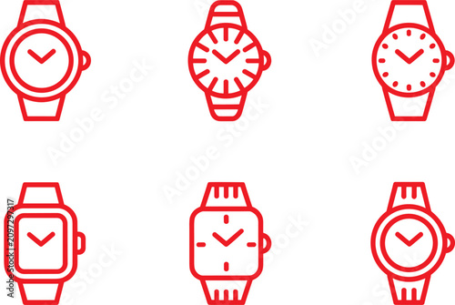 Set of red outline wristwatch and smart watch icons for time management and e-commerce UI design