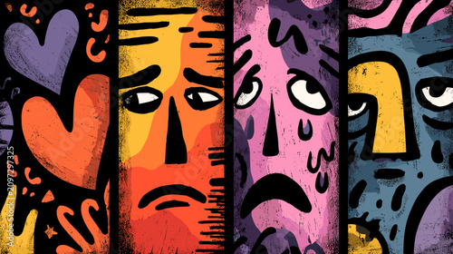 Obraz na plátne Abstract Illustration of Colorful Emotion Faces Representing Sadness and Various