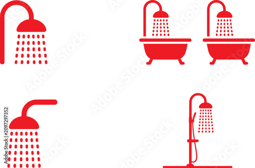 Shower Icon Set Collection with Bathroom Fixture and Bathtub Vector Illustrations