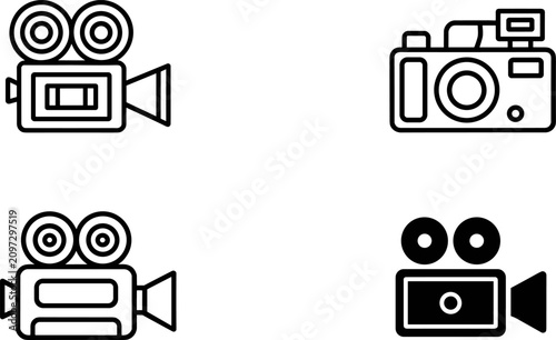 Video Camera and Camcorder Outline Icon Set for Filmmaking Photography and Media Production