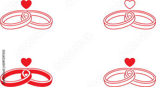 Wedding Rings Love Icon Set Collection with Heart Symbol Outline and Filled Vector Designs