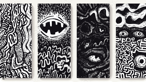 Принти на полотні Abstract Monochrome Artistic Design Featuring Surreal Patterns and Shapes in Bla