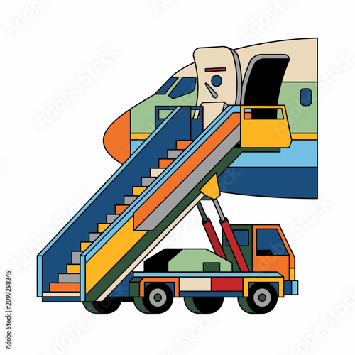 Vintage Airplane Airstair Mobile Stairs Truck Travel Illustration Retro Aviation Scene