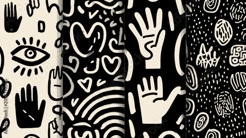 Cuadro en lienzo Abstract Monochrome Patterns Featuring Hand-Drawn Designs and Unique Graphic Ele