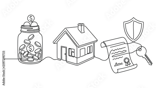Continuous line drawing of house purchase and savings concepts