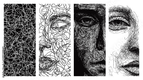 Foto Abstract Representation of Faces in Monochrome with Geometric Lines and Textured