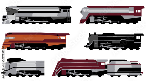 Obraz na plátně A collection of six stylized illustrations depicting various classic and streamlined steam locomotives in different colors and designs