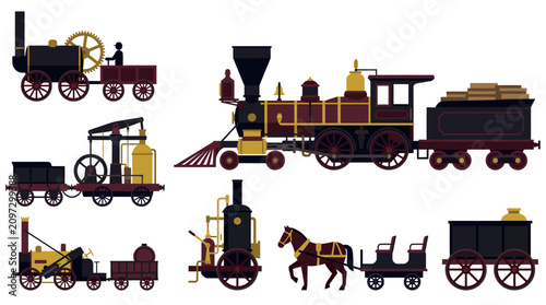 Obraz na płótnie Collection of vintage steam locomotives and a horse-drawn carriage, illustrating early forms of land transport and railway history