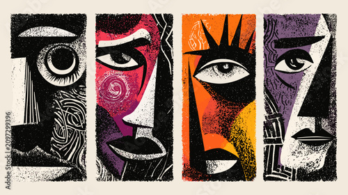 Εκτύπωση καμβά Abstract Series of Stylized Faces in Vibrant Colors Representing Emotions and Ex