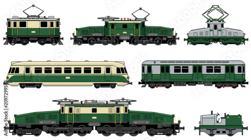 A collection of various green and cream vintage-style electric locomotives, passenger coaches, and train components, depicted in a detailed illustration.