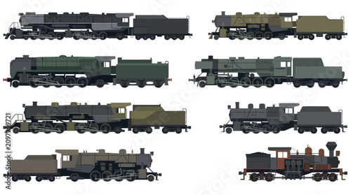 Schilderij op canvas A collection of various steam and diesel locomotive models, showcasing different designs and eras of railway transport