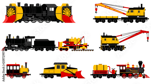 A collection of various railway vehicles including steam locomotives, snowplow trains, and crane trains, depicted in a cartoon or vector style.