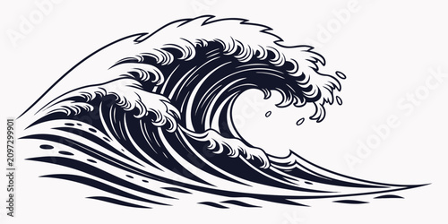 Schilderij op canvas Powerful storm wave silhouette against white background, monochrome dramatic oce