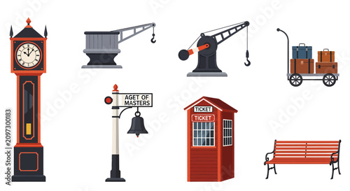 Collection of vintage train station elements including a grandfather clock, industrial cranes, luggage cart, bell post, ticket booth, and park bench.