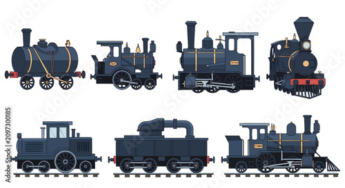 Bild auf Leinwand Collection of vintage steam locomotives and old train cars in different styles