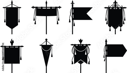 Bild auf Leinwand Set of black silhouettes featuring vintage medieval heraldic banners and royal f