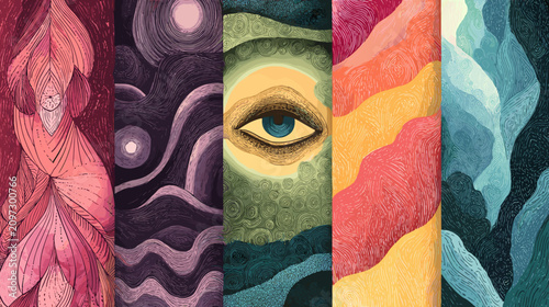 Konstfotografi Colorful Abstract Art Piece Featuring Layers and Shapes with Eye in the Center