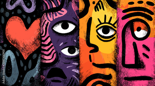 Foto Colorful Abstract Artwork Featuring Faces and Emotions with Heart Motif in Vibra