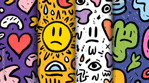 Colorful Abstract Design Featuring Playful Emotions and Expressive Shapes in a Whimsical Style