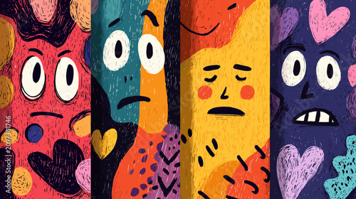 Foto Colorful Abstract Faces Expressing Varied Emotions in Playful Surreal Artwork