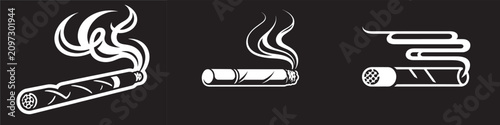 Foto Lit cigar vector icons with rising smoke on black background for tobacco and smo