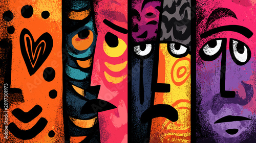 Konstfotografi Colorful Abstract Faces Illustrating Emotions and Expressions in Vibrant Artisti