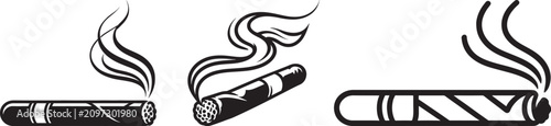 Foto Smoking cigar vector illustration set with burning tobacco and smoke curls for g