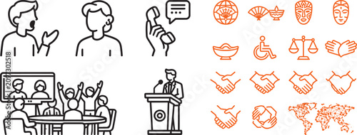 Картината върху платно Vector line icon set of communication collaboration global diversity partnership