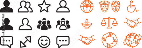 Community and diversity vector icon set featuring people user profiles handshake globe scales of justice and accessibility symbols