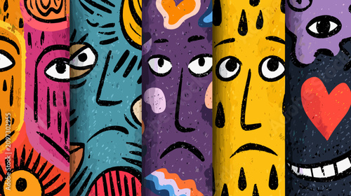 Quadro su tela Colorful Abstract Illustration of Diverse Emotive Faces in Various Expressions a
