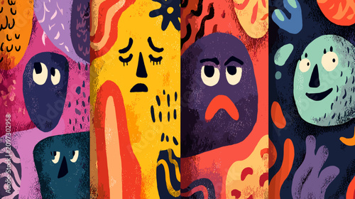 Obraz na płótnie Colorful Abstract Illustration of Diverse Emotions with Stylized Faces and Expre