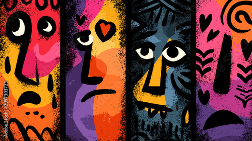 Photos Colorful Abstract Illustration of Human Faces Expressing Various Emotions and Fe