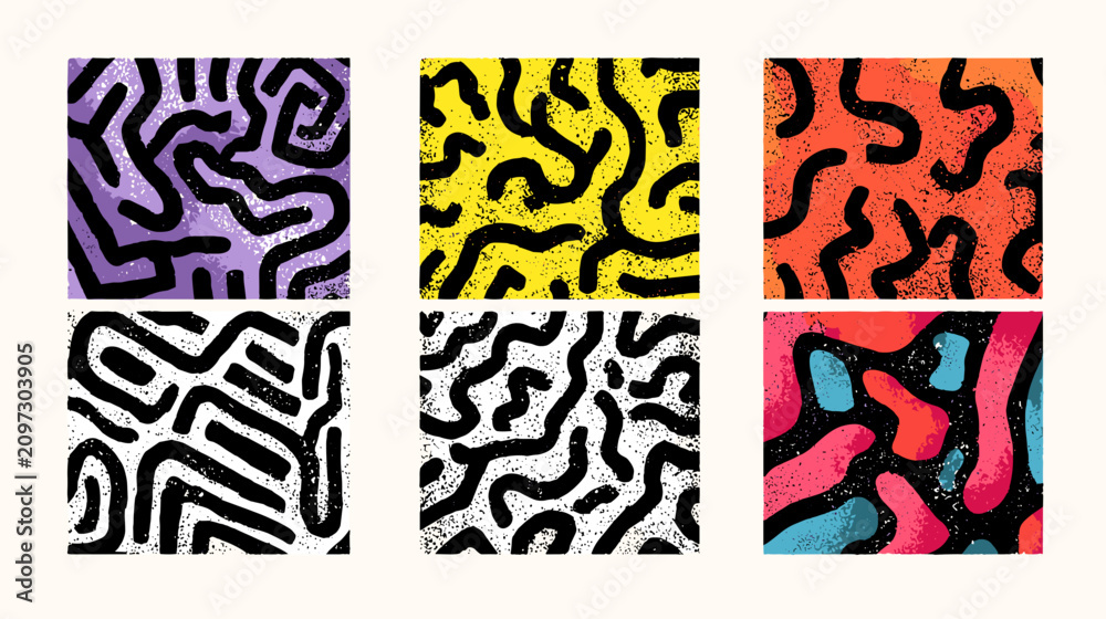 Fototapeta premium Colorful Abstract Pattern Design Featuring Wavy Lines and Geometric Shapes on a Light Background