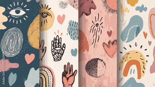 Colorful Abstract Patterns Featuring Diverse Shapes and Whimsical Elements on Textured Background