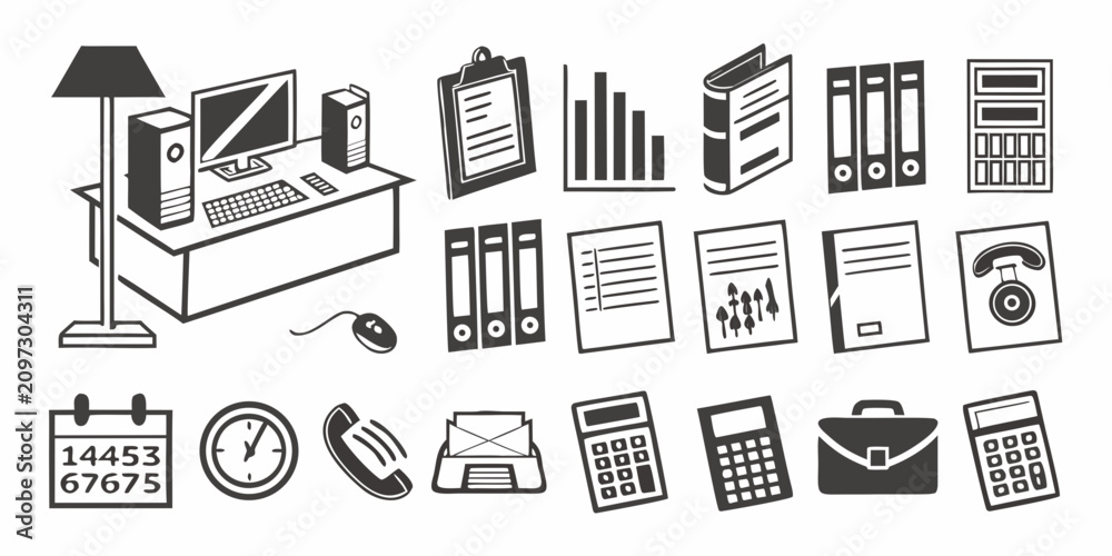 Fototapeta premium Minimalist black and white office set, including printer, documents, calculator, and more briefcase folder