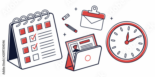Office productivity set featuring calendar, checklist, documents, and clock on white background