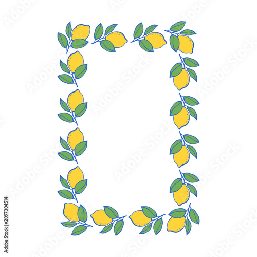 Hand drawn rectangle lemon frame with citrus branches. Mediterranean decorative vector border for invitations, greeting cards, labels and packaging.
