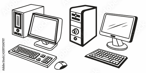 Cuadro en lienzo Minimalist black and white desktop computer setup with crt and lcd monitors crt