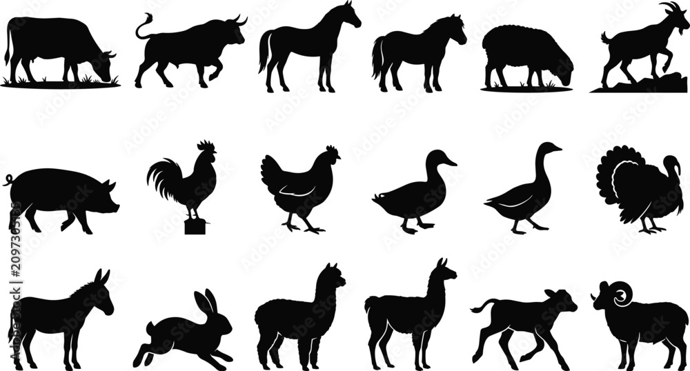 Fototapeta premium Set of black silhouettes of diverse farm animals and livestock isolated on a white background image_2fb028.png