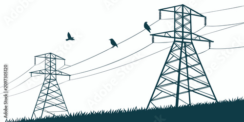 Electric transmission towers with power lines and flying birds against a white background, electric towers