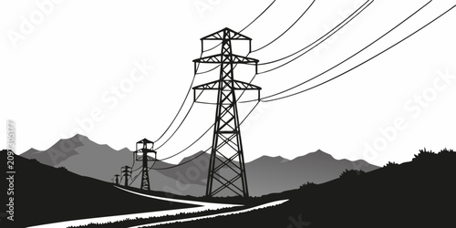 Quadro em tela Power lines crossing mountain landscape at dusk, silhouetted against sky transmi