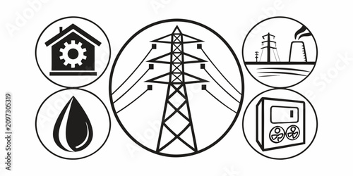Energy and utility symbols, power, electricity, gas, water, white background, energy symbol power symbol