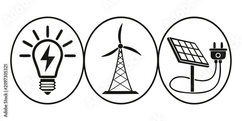 Energy and utility symbols: light bulb, balance scale, and water tap on white background electricity