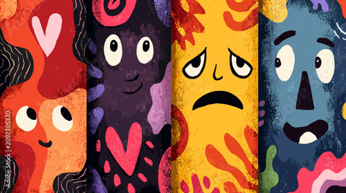 Εκτύπωση καμβά Colorful Abstract Representation of Emotions Through Whimsical Faces in Vibrant