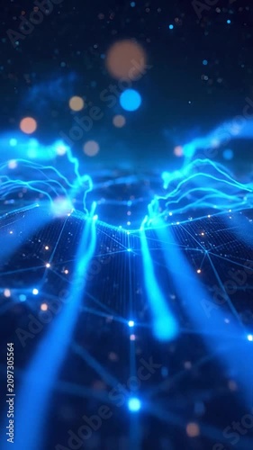 Abstract blue digital network wave with glowing data particles