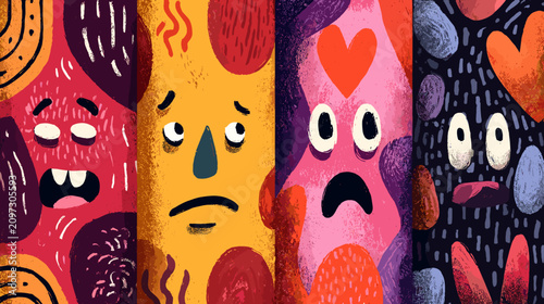 Canvastavla Colorful Cartoon Character Faces Expressing Various Emotions in a Bright Abstrac