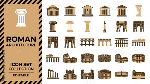 Foto Ancient roman architecture icon set with temples columns and ruins