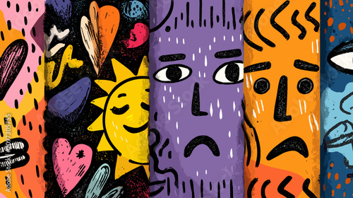 Konstfotografi Colorful Illustration of Abstract Faces Expressing a Range of Emotions and Feeli