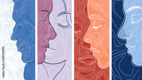 Εκτύπωση καμβά Creative Abstract Portraits of Two Faces in Soft Colors Representing Intimacy an